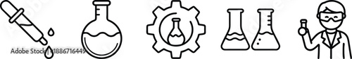 Laboratory icons with dropper, flasks, gear symbol, and scientists for research transparent background
