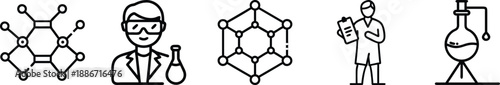 Chemistry and research icons: molecules, scientists, lab equipment, and documents transparent background