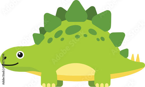 A cartoon green dinosaur with spikes standing alone on a plain background viewed from the side