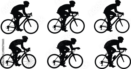 Cyclist silhouette set riding road bicycle isolated on white background for sport fitness concept, racing design, vector illustration