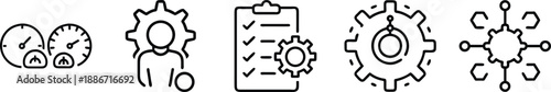 Configuration and analysis icons with gears, dashboard, and warning signs transparent background