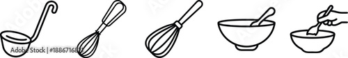 Culinary icons featuring a ladle, whisks, mixing bowls, and a hand preparing food. transparent background