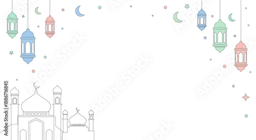 Celebratory lanterns and crescent moons descending from above a mosque illustration