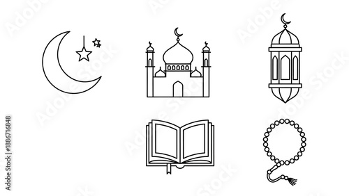 Islamic traditions vector line art icons. Features crescent moon, mosque, Quran, Ramadan lantern, and prayer beads. Perfect for religious themes and cultural celebrations