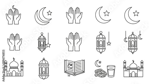 Islamic Ramadan Outline Icons Set Essential Symbols of Prayer, Worship, and Cultural Traditions for Religious Celebrations