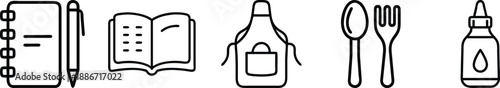 Kitchen and recipe icons including notebook, open book, apron, cutlery, and a dropper bottle. transparent background