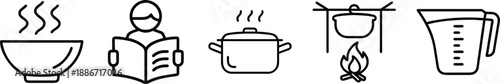 Cooking icons: steaming bowl, person reading a cookbook, pot, campfire cooking, and measuring jug. transparent background