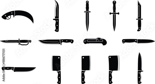 Knife and blade silhouette collection including daggers, cleavers, hunting knives isolated on white background for tactical design, vector illustration set