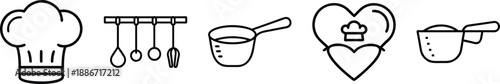 Chef and baking icons: hat, cooking utensils on rack, measuring cup, heart with chef hat, and measuring spoon. transparent background