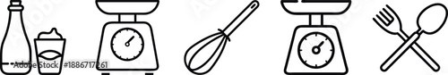 Baking and weighing icons: bottle, cream, scales, whisk, and crossed cutlery. transparent background
