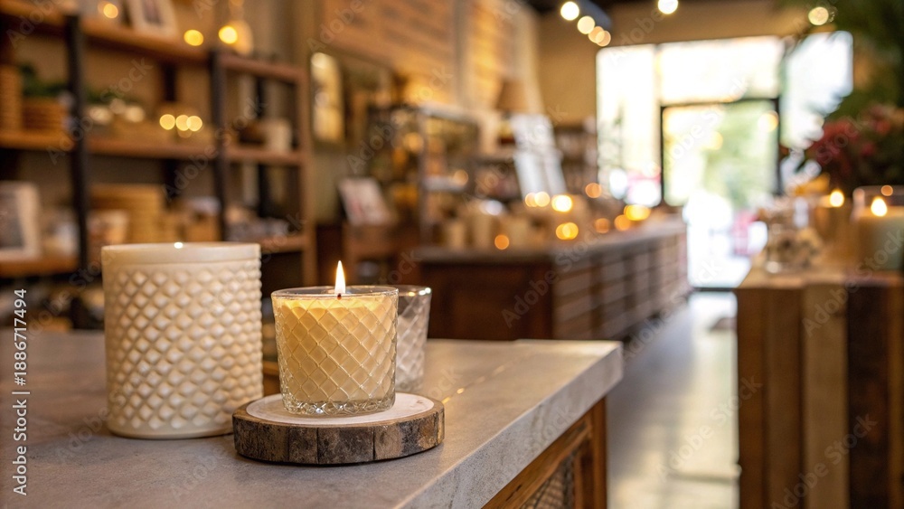 Fototapeta premium Cozy Candle Shop Interior with Warm Lighting Artisan candle store featuring lit candles on display, wooden decor, and inviting warm-toned lighting for a cozy shopping experience. 