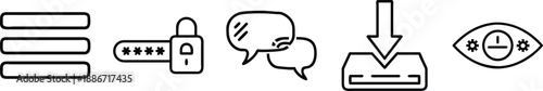 Essential User Interface and Security Icons Set Featuring Menu, Password Lock, Chat, Download, and Privacy Settings in Clean Line Art transparent background