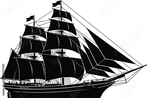 Vintage sailing ship silhouette illustration isolated on white background for maritime history, nautical travel, adventure concept, vector design, art, graphic
