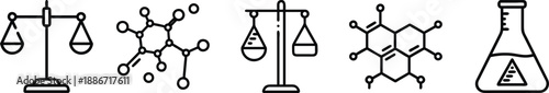 Legal, Scientific, and Chemistry Icons Collection Featuring Scales of Justice, Molecular Structures, Chemical Flask with Warning Symbol transparent background