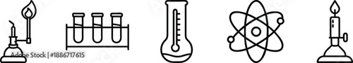 Chemistry Lab Equipment and Science Elements Icons Set with Bunsen Burner, Test Tubes, Thermometer, Atom, and Laboratory Candle Flame transparent background