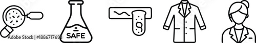 Science, Research, and Medical Lab Icons Set Including Magnifying Glass with Bacteria, Safe Flask, Test Tube, Lab Coat, and Female Scientist transparent background