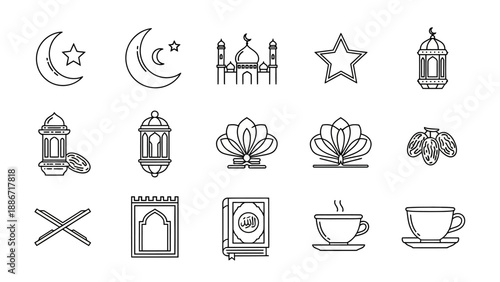 Concept of Islamic Tradition A Diverse Set of Outline Icons for Ramadan and Eid Celebrations, Featuring Symbols of Faith and Culture