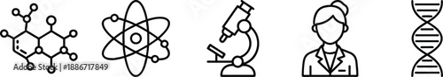 Fundamental Science and Biology Icons Collection with Molecular Structure, Atom, Microscope, Female Scientist, and DNA Double Helix transparent background