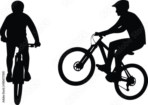 Silhouette of two cyclists performing stunts and riding bikes with helmets, showcasing dynamic motion, safety awareness, and outdoor sports activity in black and white.