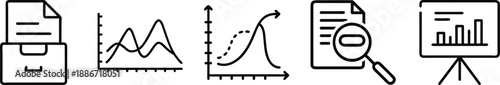 Collection of clean line icons for data visualization, research, and document management in business transparent background