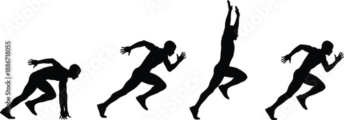 Sequence of sprinting motion silhouettes showing dynamic human movement from crouch to full speed, ideal for sports science, fitness, biomechanics, and athletic design themes.