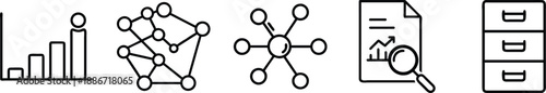 Outline icons for data analysis, network connections, and business reports with charts and filing cabinets transparent background