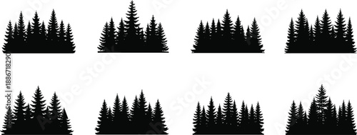 Silhouettes of coniferous tree clusters in varied arrangements, showcasing evergreen forest shapes, natural density, and pine tree diversity for nature and design themes.