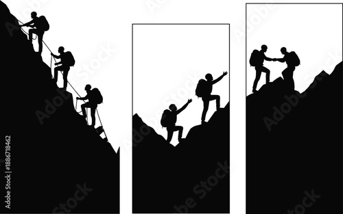 Silhouettes of hikers climbing mountains in teamwork scenes, showing adventure, perseverance, and mutual support across rugged terrain with rope and helping hand gestures.