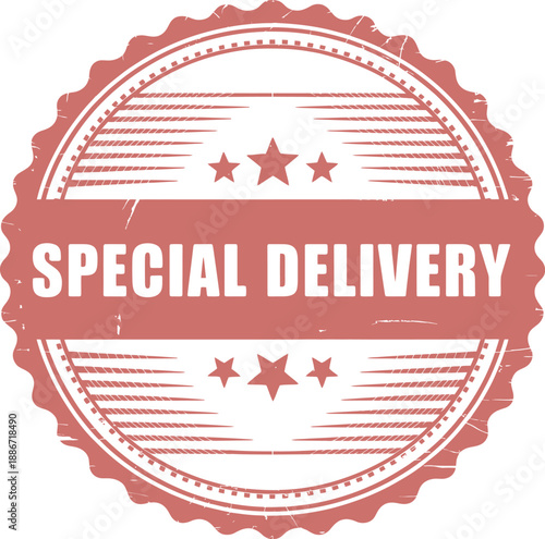 Special Delivery, distressed rubber stamp, grunge style, vintage red ink, worn texture, retro emblem, vector label, authentic design, product decoration