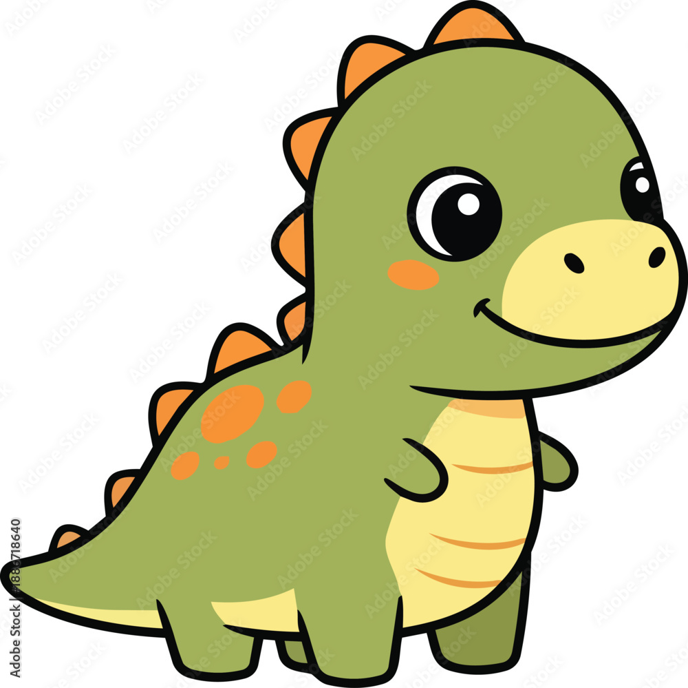 Obraz premium A smiling cartoon dinosaur with orange spikes stands alone in a simple white environment viewed from the side.