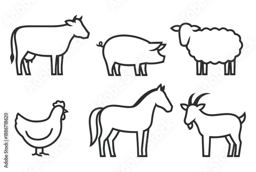 Vector illustration of farm animals livestock including cow pig sheep chicken horse and goat drawing