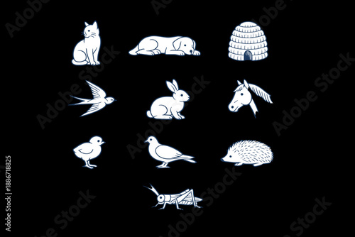 Vintage Animal Engraving Icons Set with Farm and Woodland Creatures