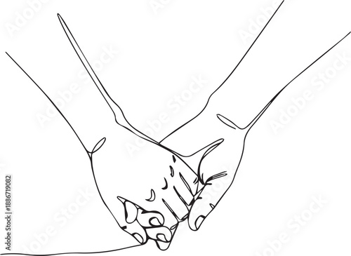 Continuous Line Drawing of Two Hands Holding on white Background, Romantic Connection Concept