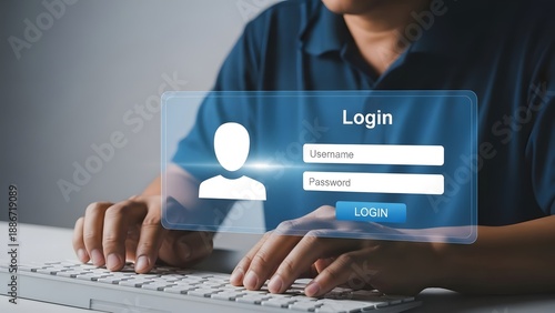 Person is typing on a keyboard, interacting with a translucent digital login and password interface.