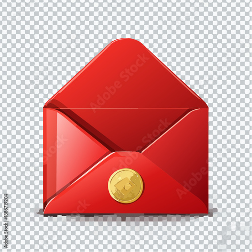 3D photorealistic red envelope (hongbao) with gold foil Chinese pattern, glossy paper textur