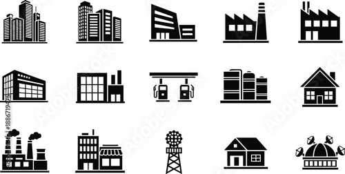 City and industrial building icons, urban architecture silhouettes, factory gas station house skyscraper set, black vector illustration, isolated white background