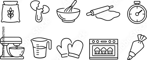 Set of black line icons representing bakery and dessert products including bread, croissant, cupcake, cake slice, pretzel, donut, rolling pin, wheat, ice cream cone, and pie. Minimalist outline icon s
