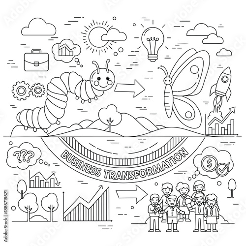 Business Transformation Concept Line Art Illustration Showing Growth, Innovation, Process Change, Strategy Development and Organizational Evolution from Idea to Success