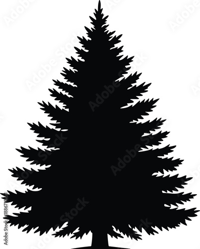 Black evergreen pine tree silhouette isolated on white background, minimal natural forest icon for winter, holiday, and design projects