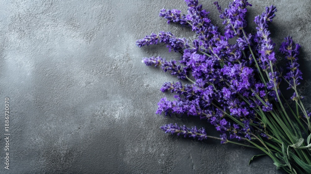 Fototapeta premium Fresh lavender bouquet on gray concrete background: aromatic and calming.