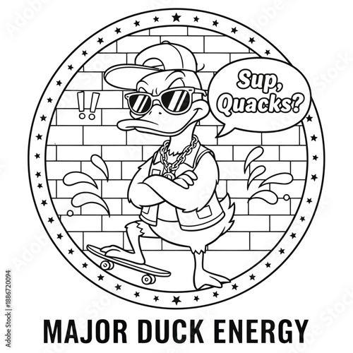Major Duck Energy Cool Cartoon Duck Illustration Showing Confidence, Street Attitude, Urban Style, Humor and Bold Personality in Black and White Line Art