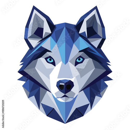 Striking Blue Low Poly Geometric Wolf Head Portrait Vector Illustration for Modern Design Projects