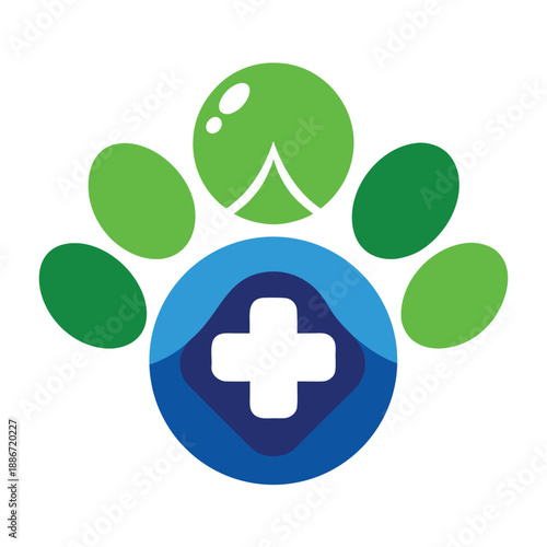 Modern Veterinary Clinic Logo Design: Stylized Paw Print Merged with Medical Cross Symbol Vector Illustration