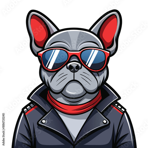 Cool French Bulldog Mascot Wearing Red Sunglasses and Biker Jacket Vector Illustration for Graphic Design