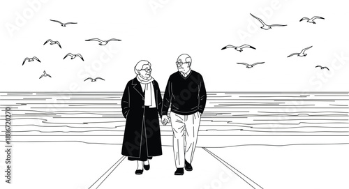 Elderly couple walking by seaside, holding hands, peaceful retirement, love and companionship, ocean view, birds flying, line art illustration, black and white