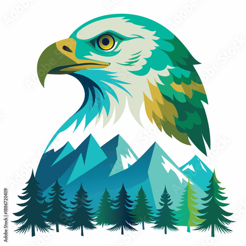 Majestic Eagle Head Over Snowy Mountains and Pine Forest Vector Illustration EPS File