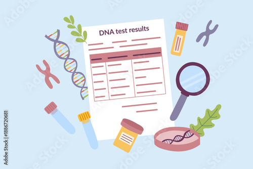 Flat vector illustration of a genetic test result surrounded by laboratory objects. Concept of DNA testing, ancestry, genetic analysis and biotechnology. Vector flat background.