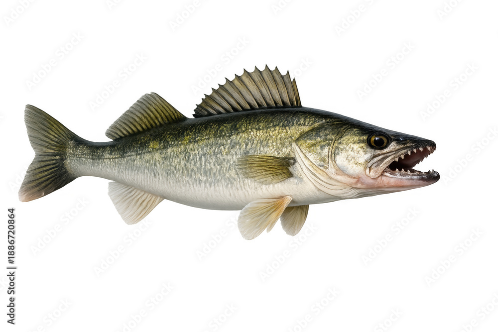 Naklejka premium Walleye fish showing sharp teeth and dorsal fins, a freshwater predator on transparent background
