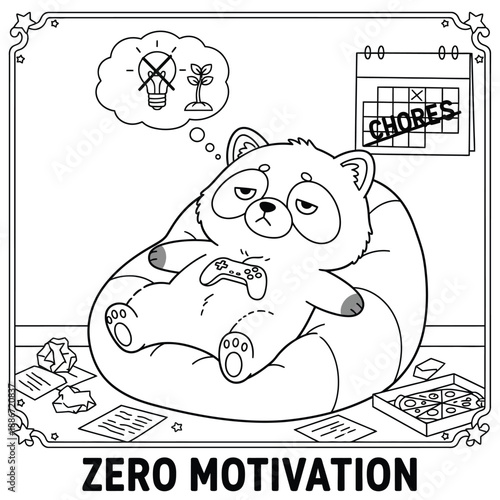 Zero Motivation Lazy Raccoon Cartoon Illustration Showing Procrastination, Boredom, Low Energy, Mental Fatigue, Gaming Addiction and Avoiding Responsibilities at Home