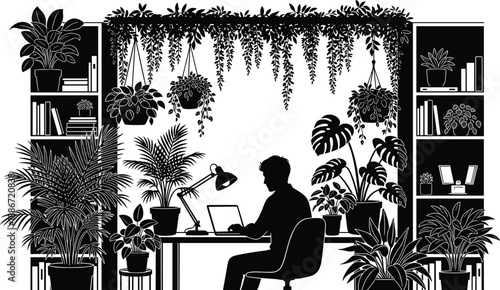Home office workspace, silhouette freelancer working, indoor plants decor, cozy study room, remote work lifestyle, black white vector illustration design